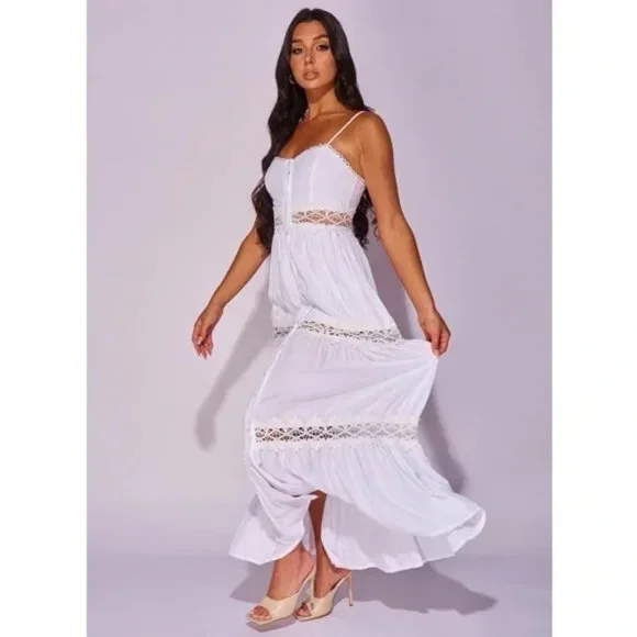 White Sleeveless V-Neck Crochet Trim Tiered Maxi Dress - Picture 3 of 9